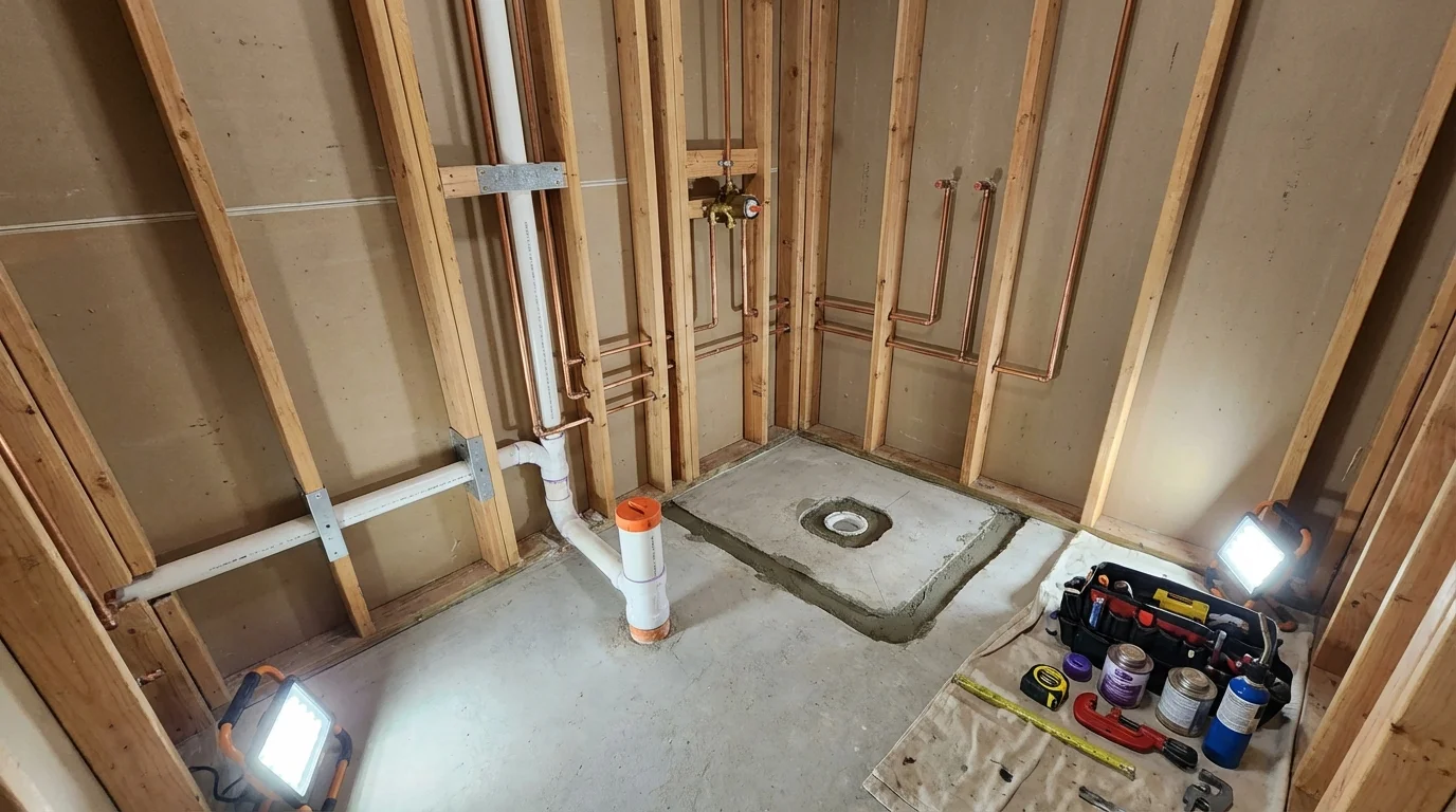 Bathroom rough-in plumbing during remodel by Johns Plumbing LLC in Frisco City