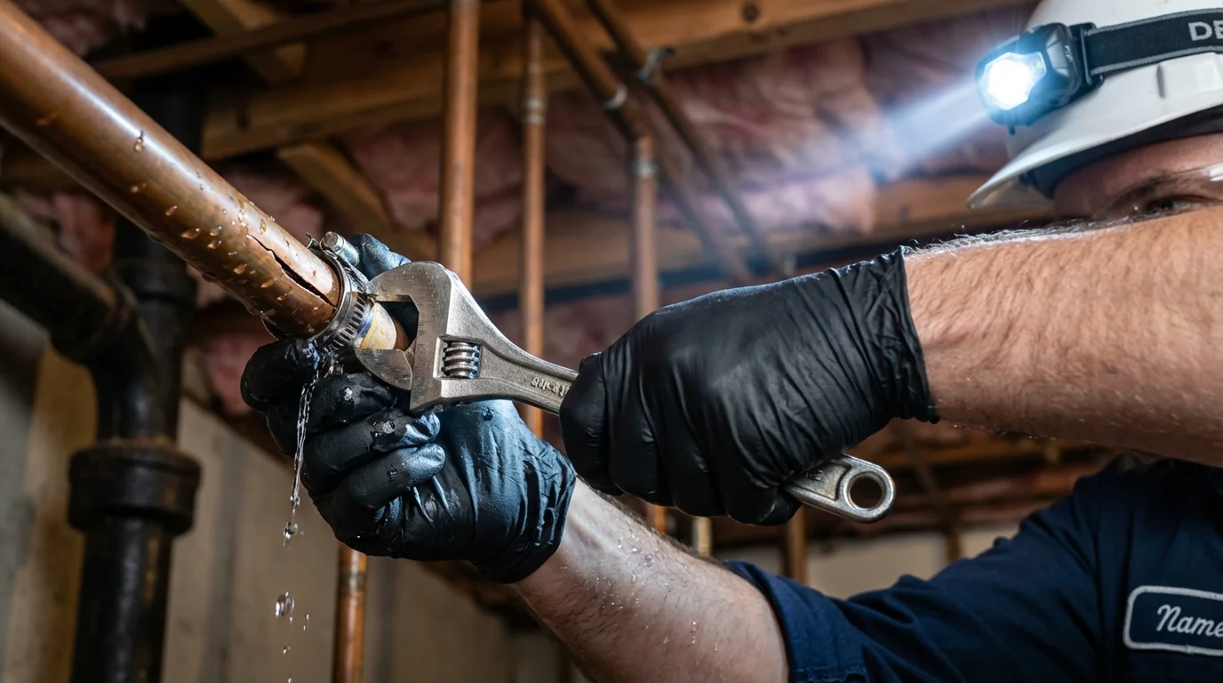 Emergency pipe clamp repair being performed by a Johns Plumbing LLC plumber in Frisco City