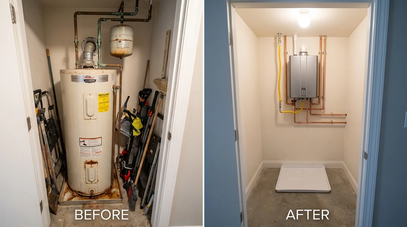Tank water heater versus wall-mounted tankless unit comparison for Frisco City, AL homeowners