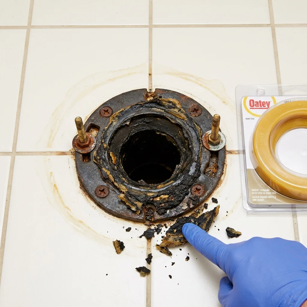 Failed wax ring showing water seepage at the base of a toilet in a Frisco City, AL home